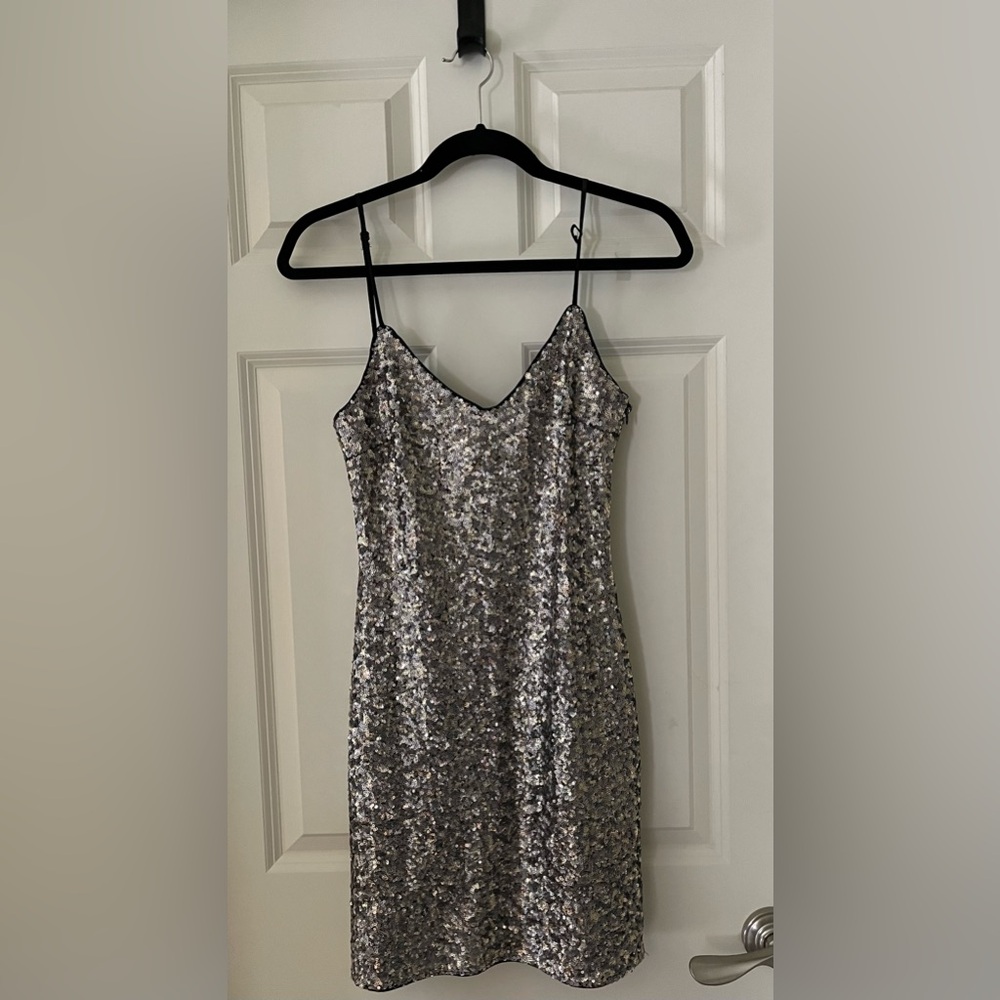 Zara Trafaluc  silver & gold party dress w/ spaghetti straps, soft V-neck Small